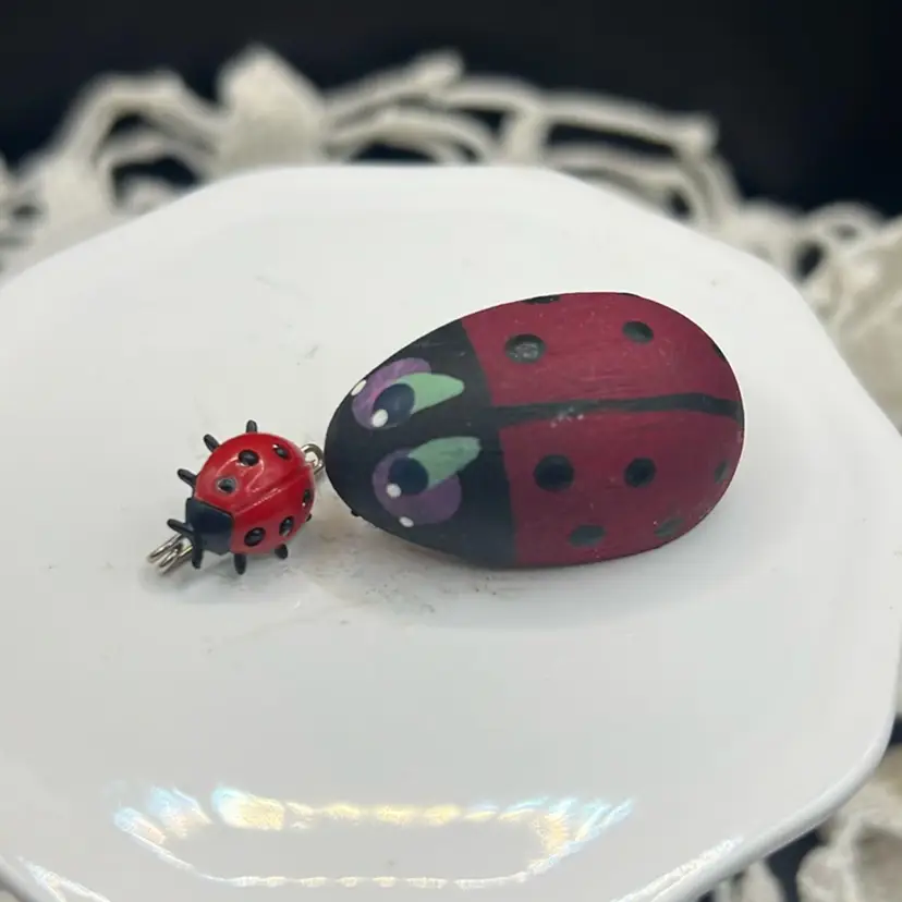 Two Ladybug Pins-one Inch Wood Hand painted, Tiny Plastic Pin