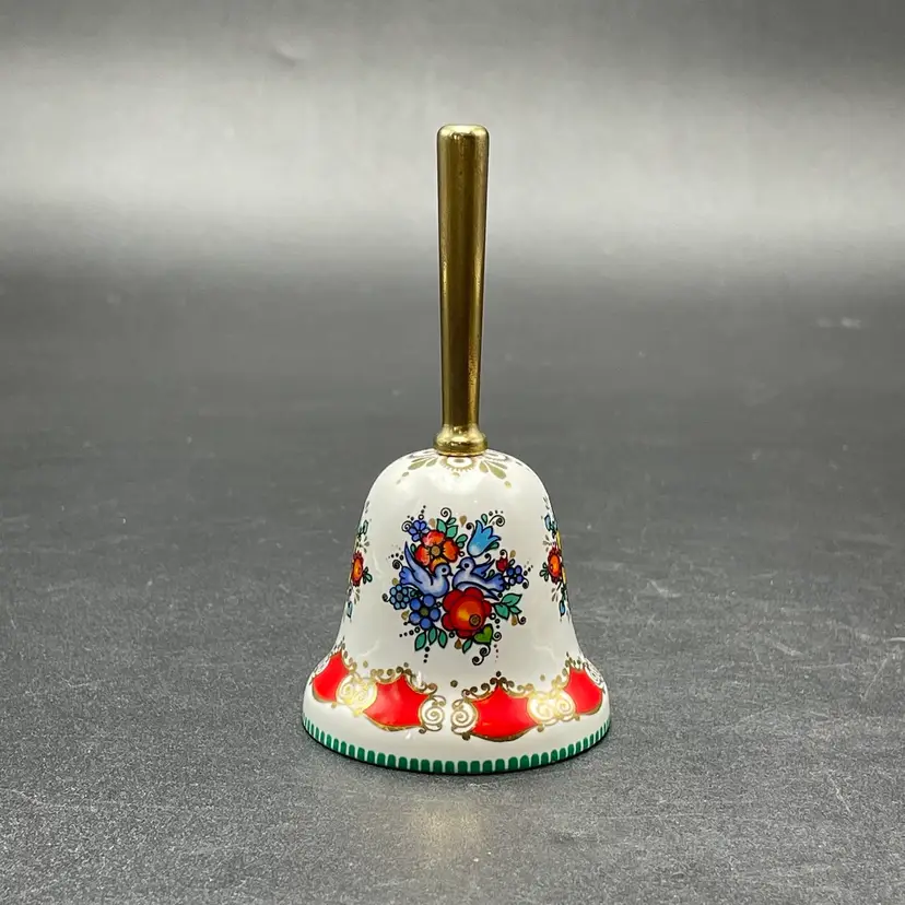 Arta Enamel on Brass Bell Blue Birds and Floral Pattern Small Vintage Austria