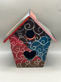 Colorful Wooden Bird House With Drawer Hand Painted 7.25”