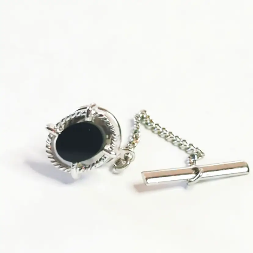 Vintage Black Stone Silver-Tone Tie Tack Pin With Chain