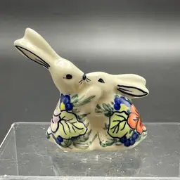 Unikat Polish Pottery Kissing Rabbits Bunnies Miniature Figurine Spring Easter