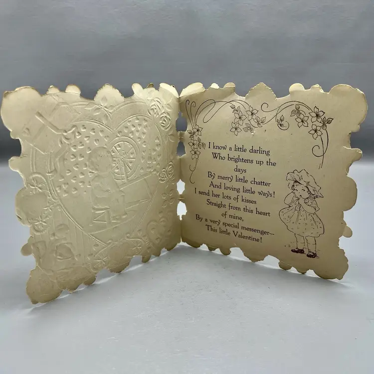 Vintage Valentine Valentine Card Die Cut Embossed Little Girl Roses Whitney Made Love Letters Hearts 5.25"