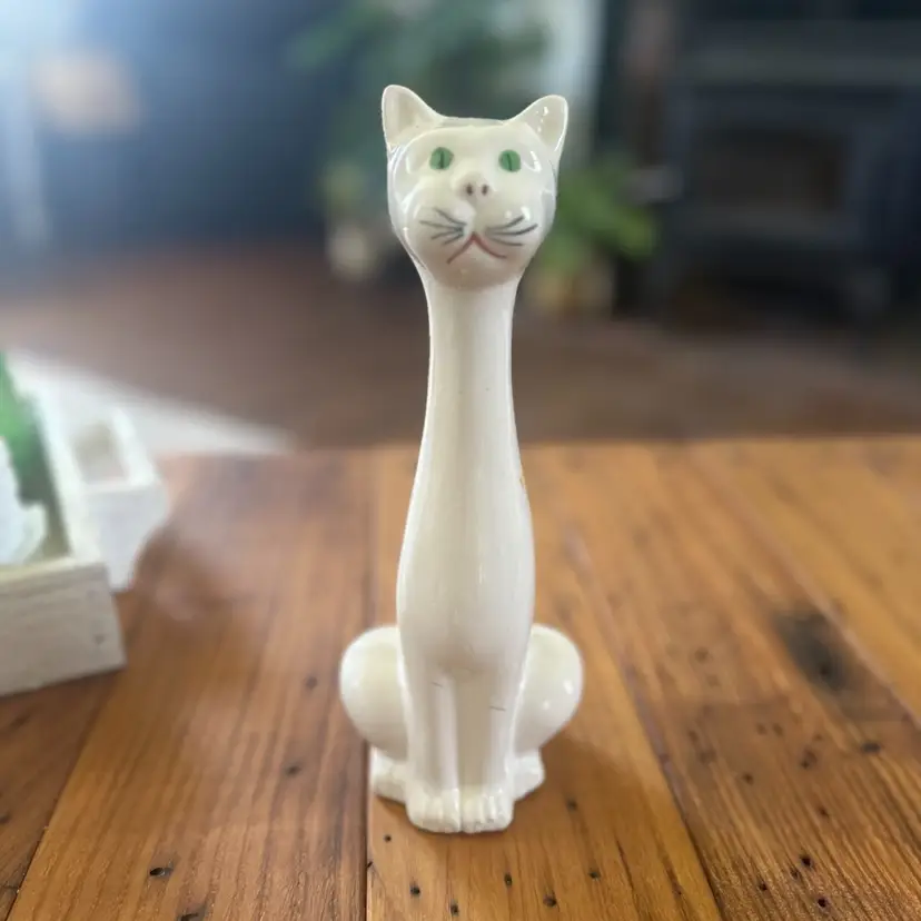 VINTAGE MCM 9” Tall Long-Neck White Ceramic Cat Figurine Green Eyes