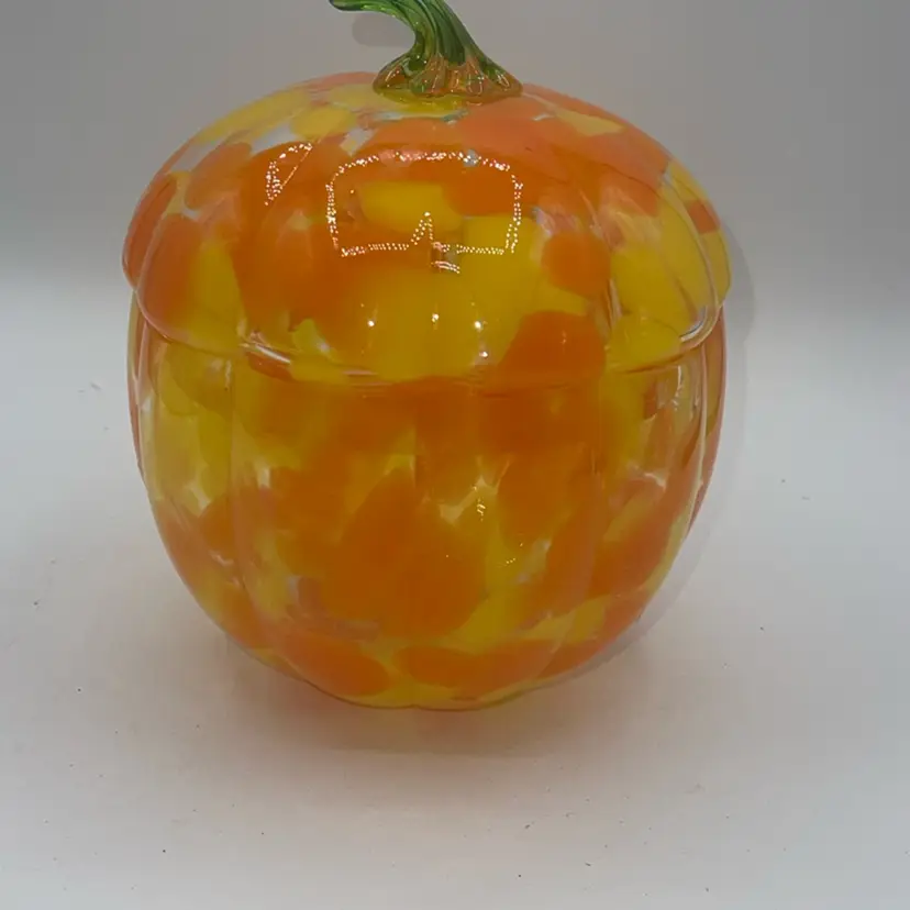 21 Art Glass Pumpkin Candy Jar (candy Corn Colors) 7” Tall