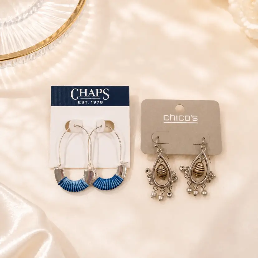 2 Pair Chicos Chaps Boho Western Theme Earrings Bundle Set Blue Gift