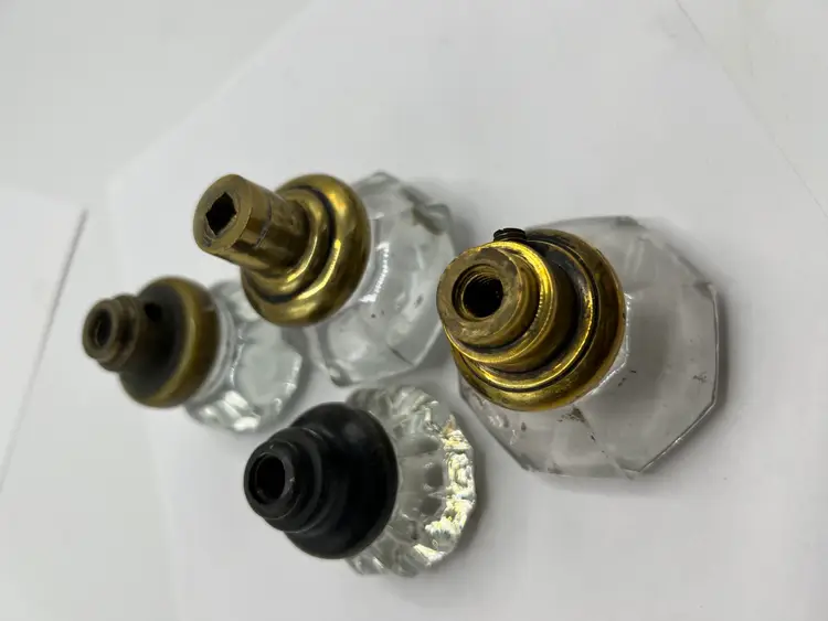 Antique Glass and Brass Doorknobs, Architectural Salvage, Set of 4, Clear Faceted Glass, Various Sizes