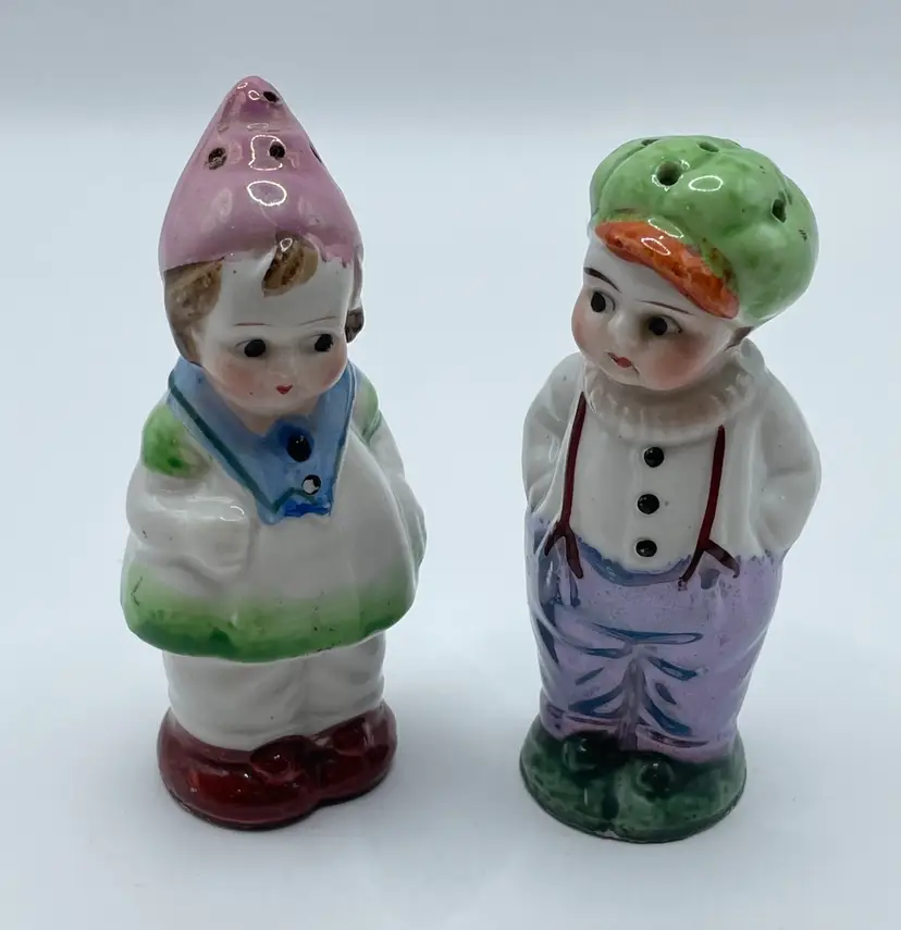 Vintage Pair of Boy and Girl Salt and Pepper Shakers with Luster Effects. Marked Japan