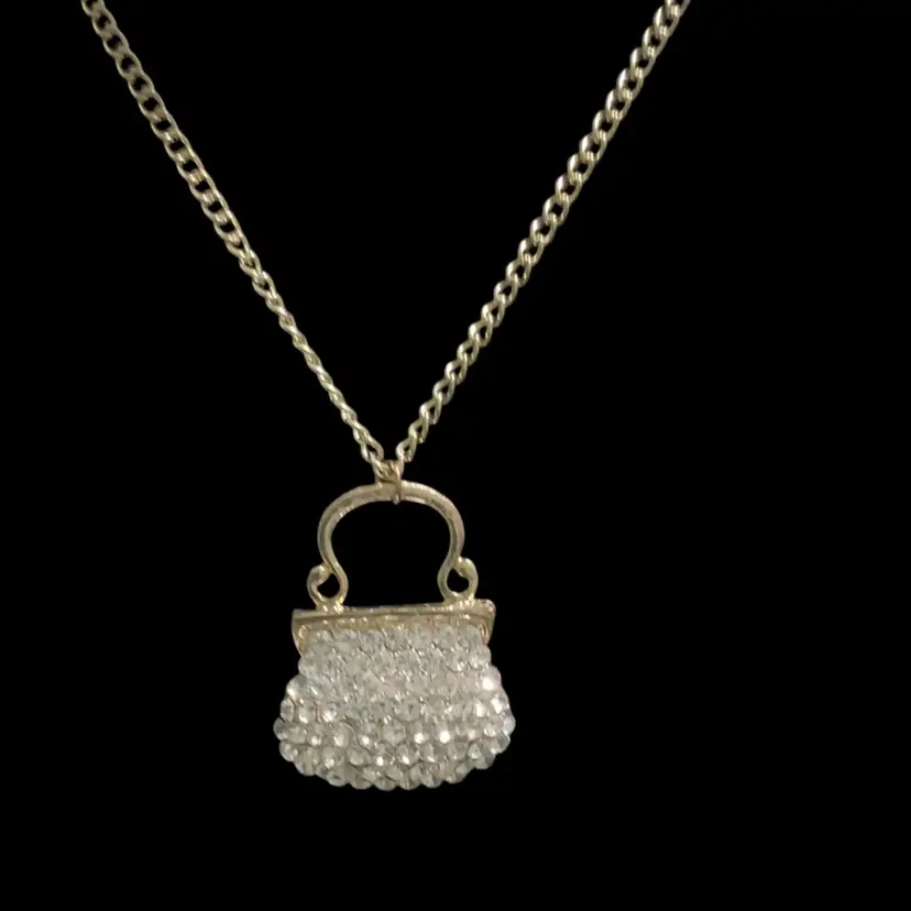 Fun Goldtone Clear Glass Rhinestone- Encrusted Handbag Pendant Necklace. You Can Also Make A Keychain From This Pendant.