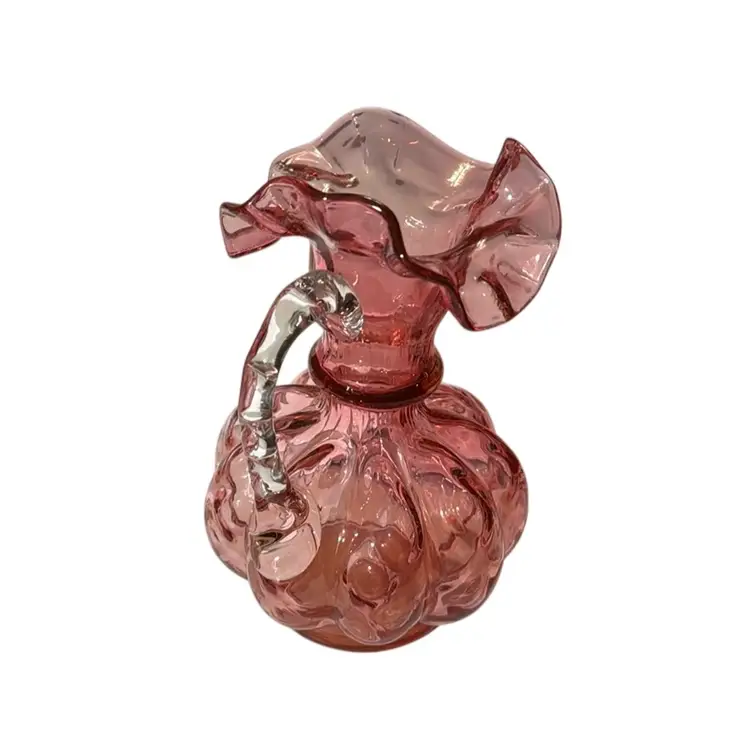 1940s Fenton Cranberry Optic Melon-Paneled Ruffled Rim Vase Pitcher - 6.25” Tall