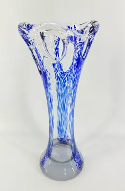 Polish Handmade Art Glass 14" Vase Handmade Appliee Cobalt Blue Stretched Cutouts