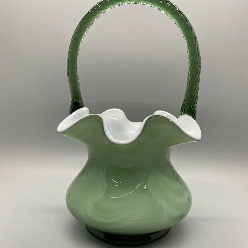 Fenton Spruce Green Overlay Drape Pattern Basket Applied Twist Handle