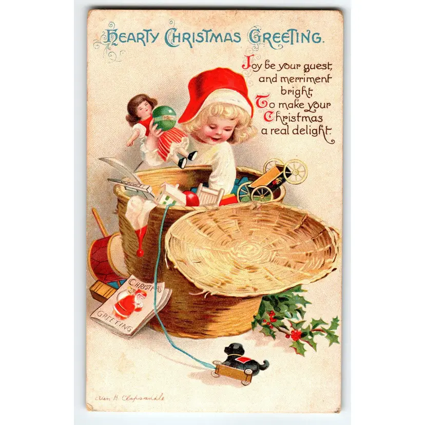 Christmas Postcard Ellen Clapsaddle Child Girl Wicker Basket Toys Embossed 1914