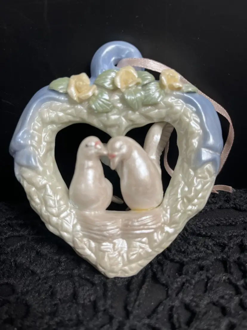 Pair of Iridescent White Doves Within a Ornate Heart w/ Raised 3 D Like Roses & Leaves-Ornament w/ Light Pink Ribbon