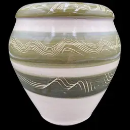 Vintage Handmade Ceramic Vase, Signed, Soft Olive & Blue with Etched Wave Pattern