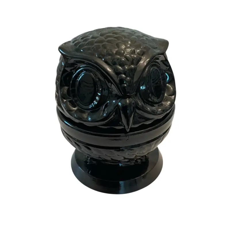 2-piece HTF Fenton Ebony Black Owl Ring Holder/Decision Maker 3.75” x 3”