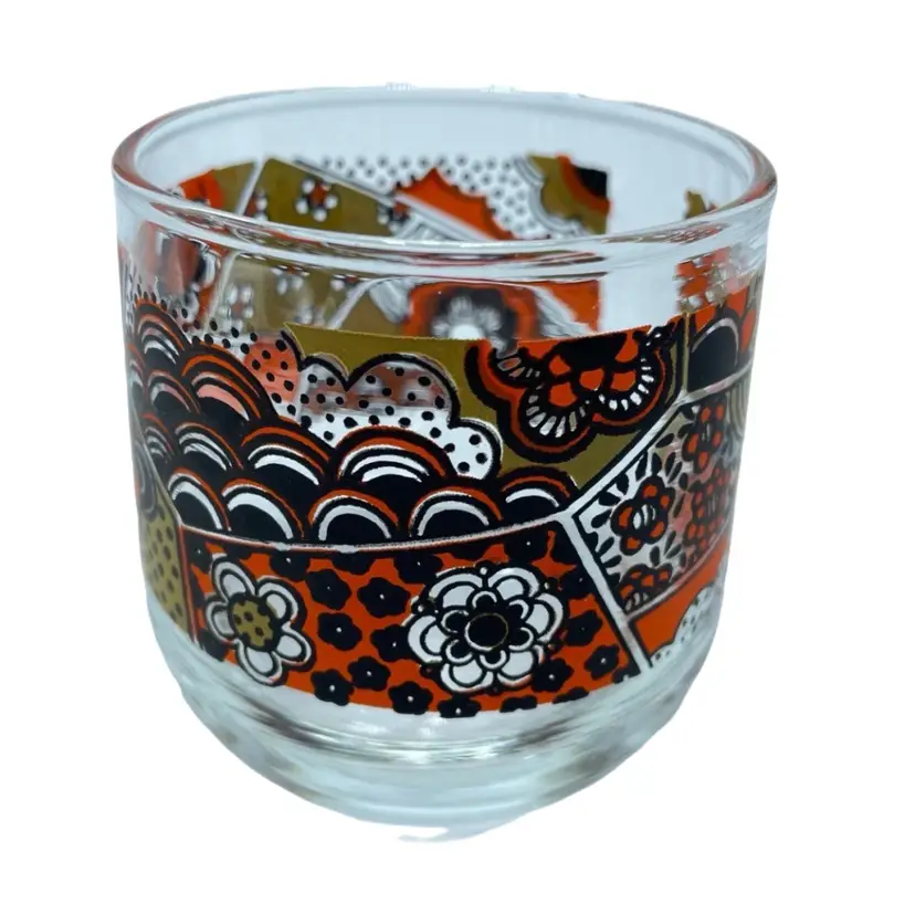 Set of 3 Retro Mod Orange Black Gold Flowers Lowball Juice Glasses Drinkware