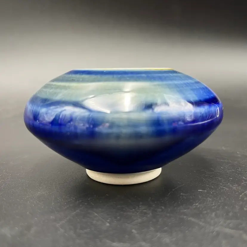 Ikebana Art Pottery Handmade Blue Glazed Vase With Metal Flower Frog