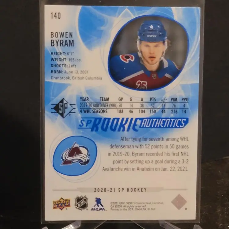 2020-21 SP Hockey Bowen Byram BLUE Rookie Authentics - RC - #140 - Avalanche