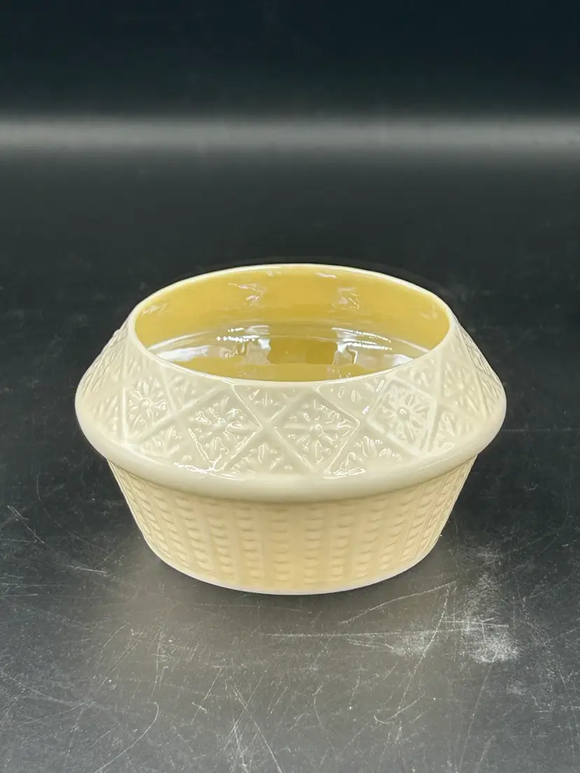 Vintage Belleek Open Sugar Bowl, Beige Color & Yellow Lusterware  Inside Cleary Pattern, Basket Weave & Floral , Green Marking