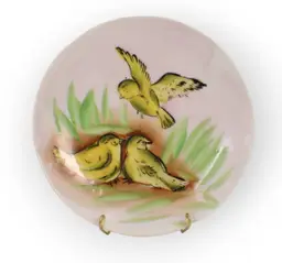 Small Hand Painted Plate With Three Cute Yellow Birds In The Grass
