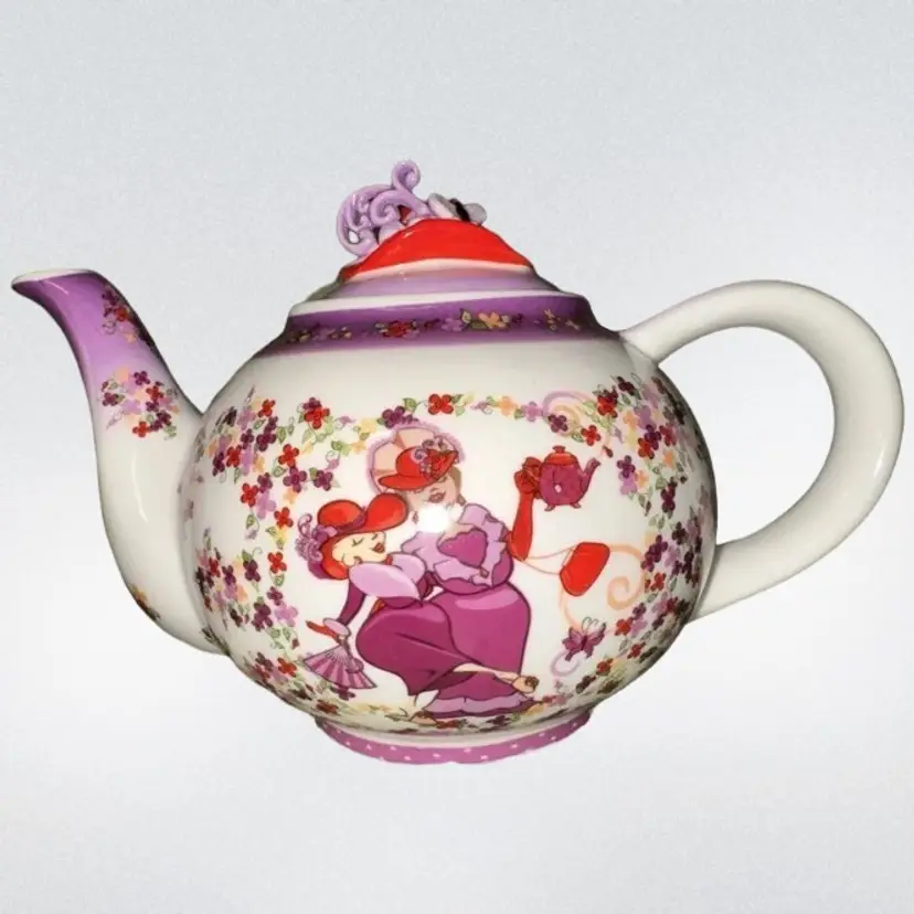 Red Hat Society Paul Cardew Design Large  Tea Time Porcelain Tea Pot Signed 2004