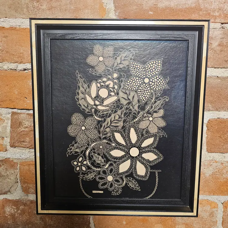 Pair Vintage 1969 KIMBERRY Black Floral Wall Art Plaques Mid Century Modern