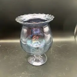 Vintage Opalescent Blue Iridescent Glass Footed Vase With Ruffled Rim