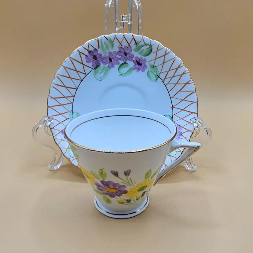 Phoenix China Purple Yellow Floral Tea Cup & Saucer, England