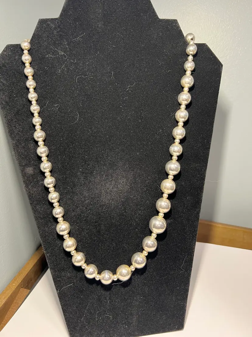 34” Solid Sterling Silver Graduated Bead Necklace, Statement Piece, 58g