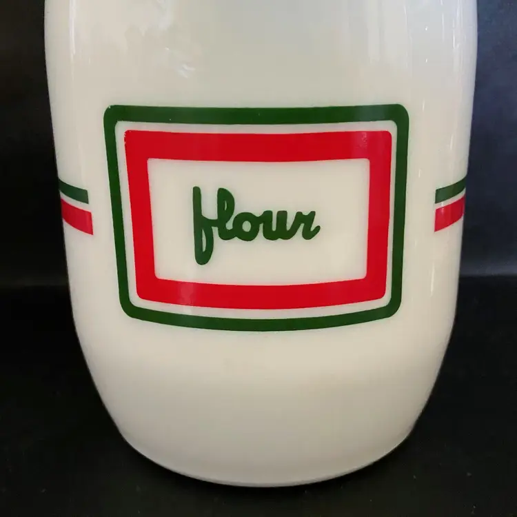 Wheaton Cucina Flour Canister, Milk Glass, Green Red And White, Vintage MCM, 1.5 Liters