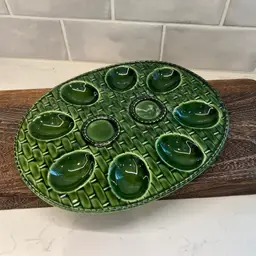 Vintage Green Basketweave ceramic serving platter for deviled eggs