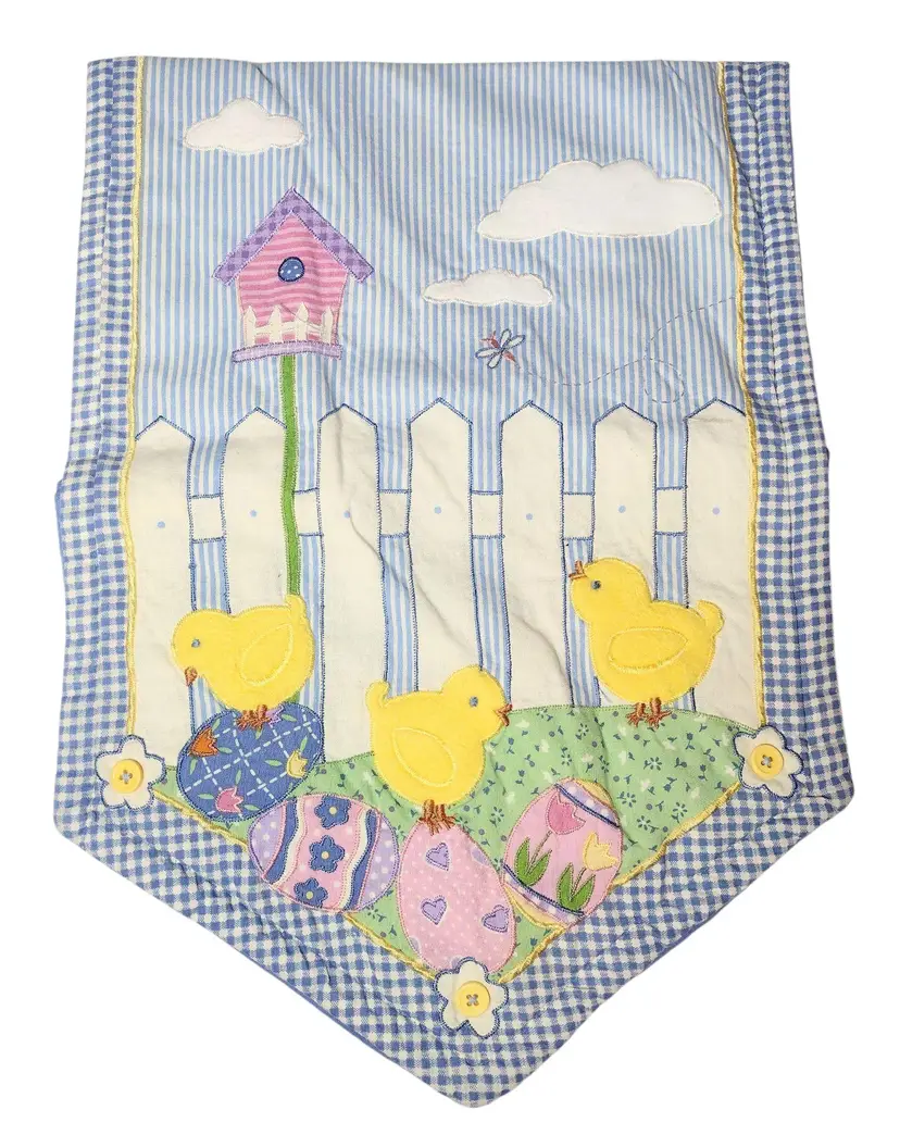 Blossoms & Blooms Embroidered Gingham Easter Table Runner Fuzzy Chick Eggs 35x12
