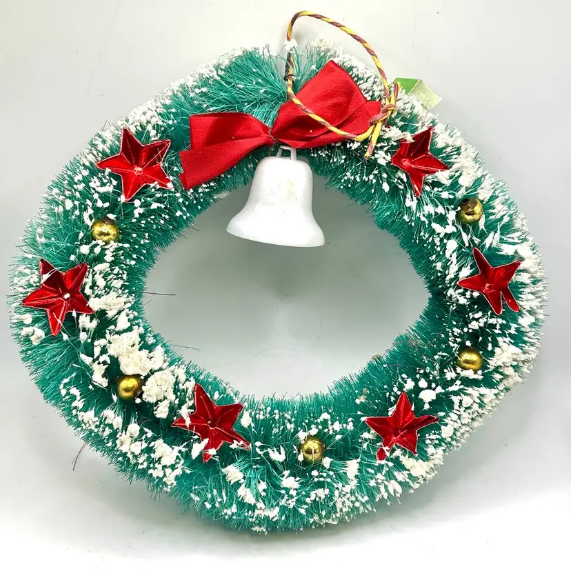 Vintage Green Bottle Brush Wreath with Bell & Stars Japan 8”
