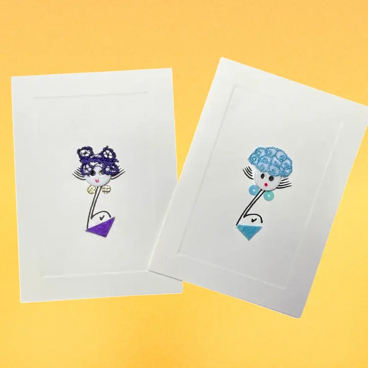 Set of 10 Greeting Cards, Handcrafted Fancy Hat Button Ladies w/ Envelopes