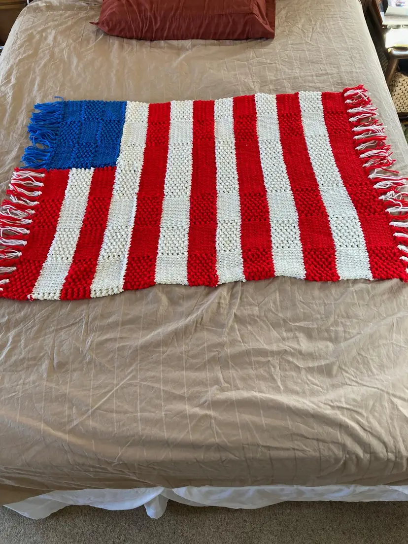Crocheted Flag decor with pillow-vintage