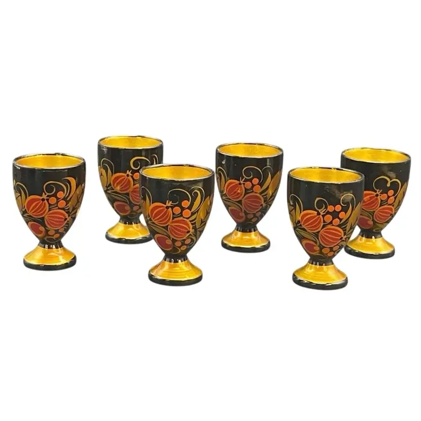 Russian Khokhloma Lacquered Wooden Egg Cups Shot Glasses Set of 6 Hand Painted