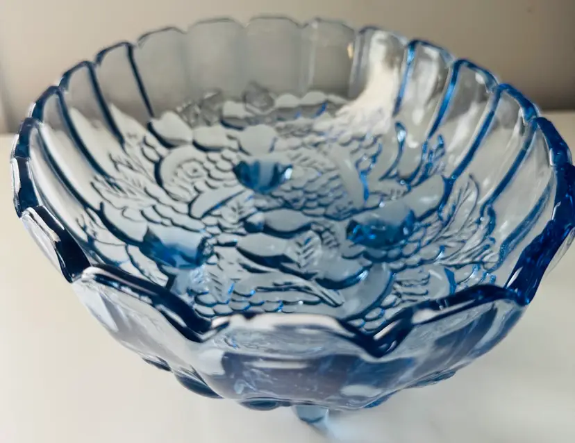 Cobalt Blue Oval Glass Bowl, 4 Feet, Floral Pattern