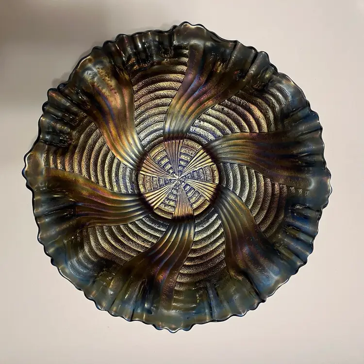 Fenton Blue Carnival Glass Ribbon Tie Comet 3 in 1 Ruffle Edge 9" Bowl 1911-1920