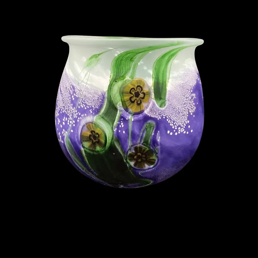 2626-Robert Eickholt Art Glass Vase Anemone Flowers Iridescent,6.5 Inches Tall, Signed