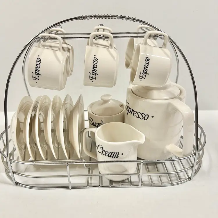 The Cellar Espresso Set 18 pc w/ pitcher, mugs, plates, sugar, cream, and caddy Vintage made In 2004