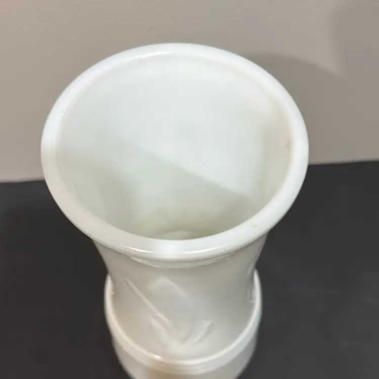 Mid-Century Milk Glass Embossed Vase