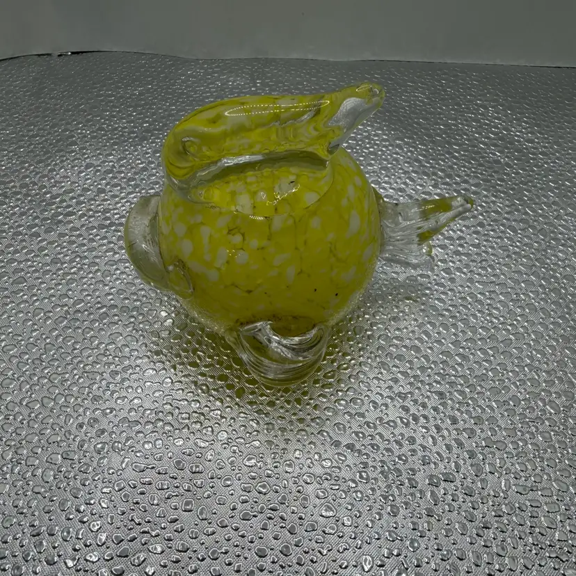 Hand Blown Art Glass Chubby Fish, Yellow, White Spotted Clear  4"