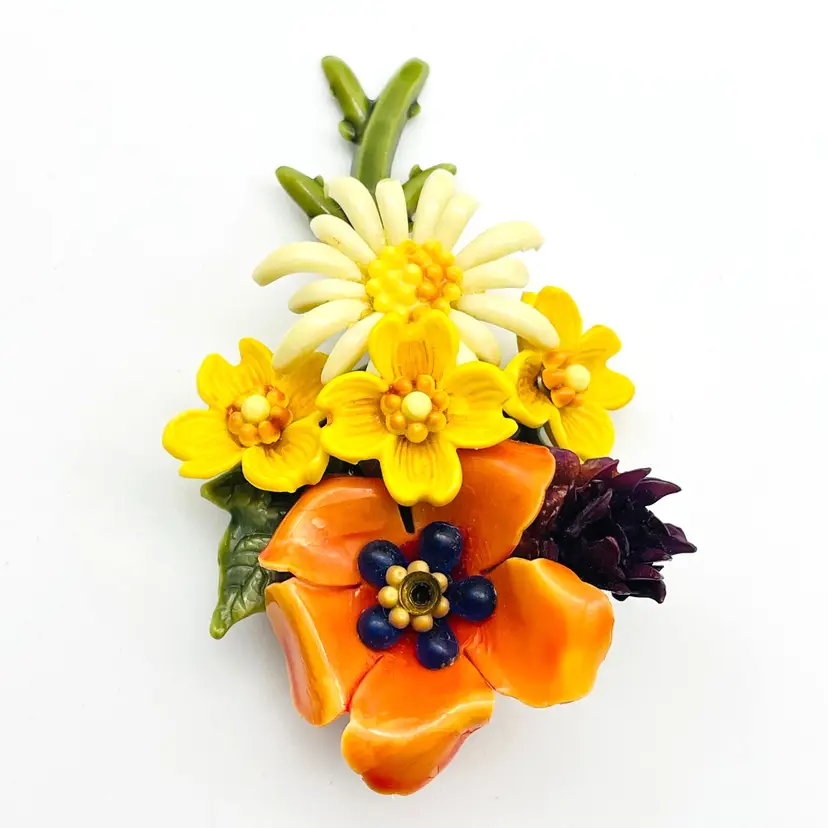 Vintage Celluloid Floral Brooch Bouquet Nosegay 1940s 17848