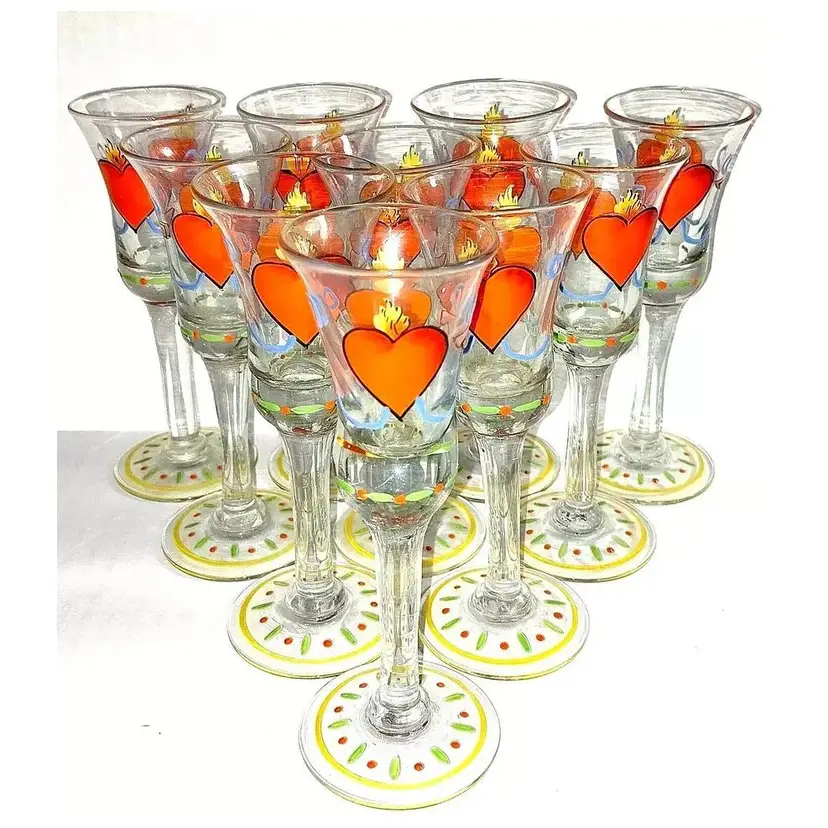 Vintage Hand Painted 10, Burning Heart Cordial Glasses, Sweden or Denmark VERY RARE! Barware