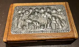 Metal top Elephants Wooden Trinket Box with Attached Lid