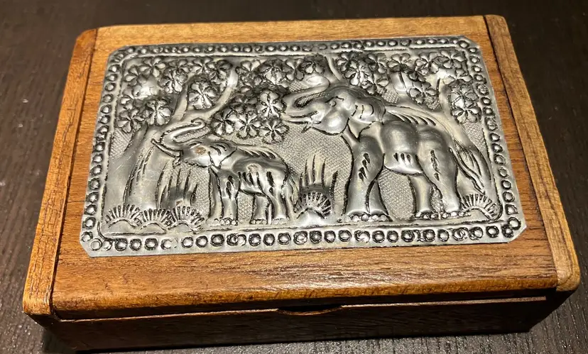 Metal top Elephants Wooden Trinket Box with Attached Lid