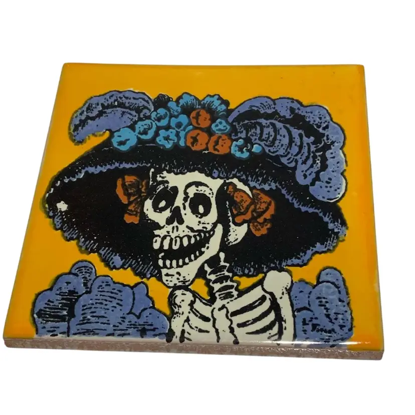 Hand Crafted Talavera Mexican Tile Mosaic Day of the Yellow Background Catrina Featuring Thee Catrina In Purple And Black Feathery Hat With Plumes And Blue Red Satin Lace Roses In A Purple Dress 4.5” By 4.5” Red Clay