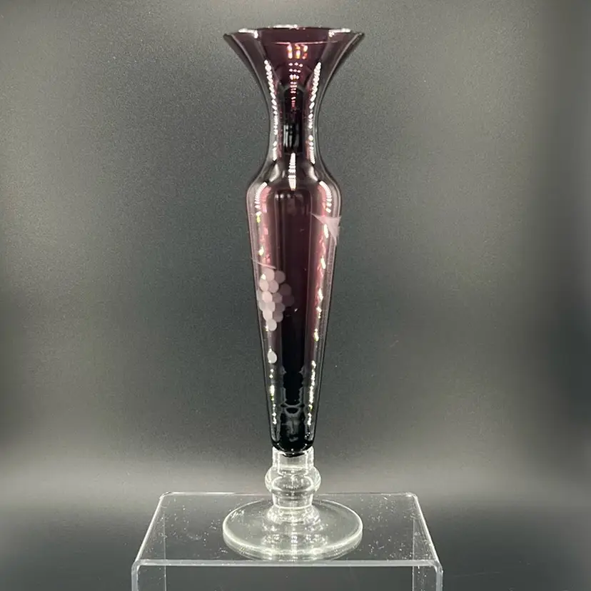 Amethyst Purple Bud Vase With Etched Grape Motif