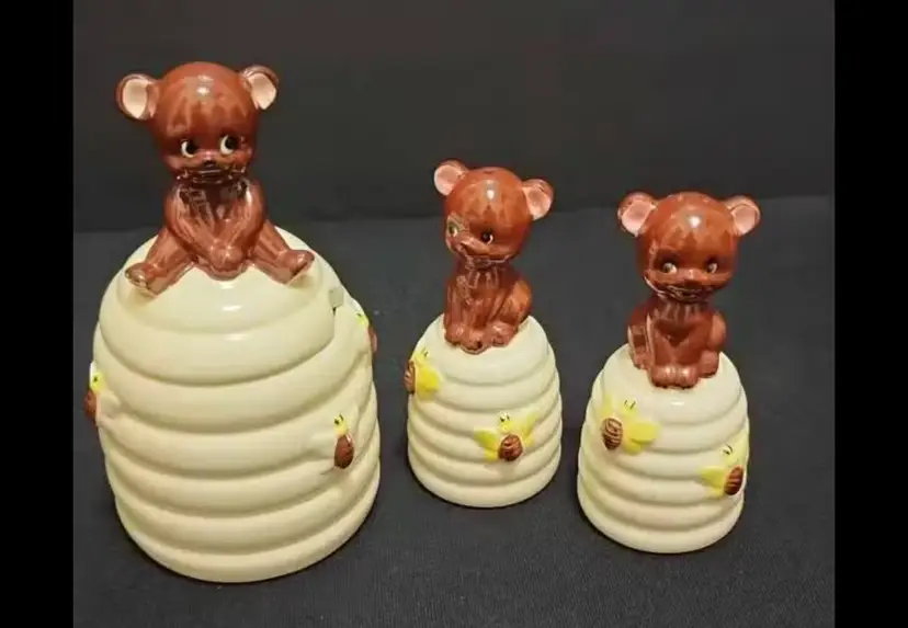 Beehive Ceramic Canister Set and Salt and Pepper with Bear Lids, 3-Piece
