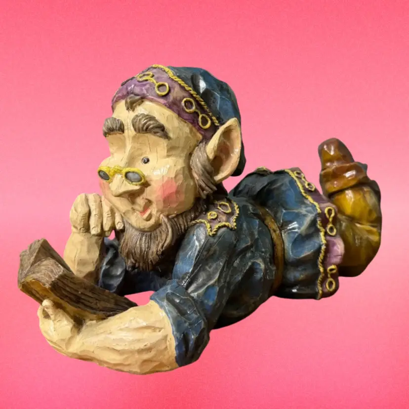 12" LG Whimsical SLEEPY HOLLOW GNOME Series Book Reading Resin Elf, Fantasy